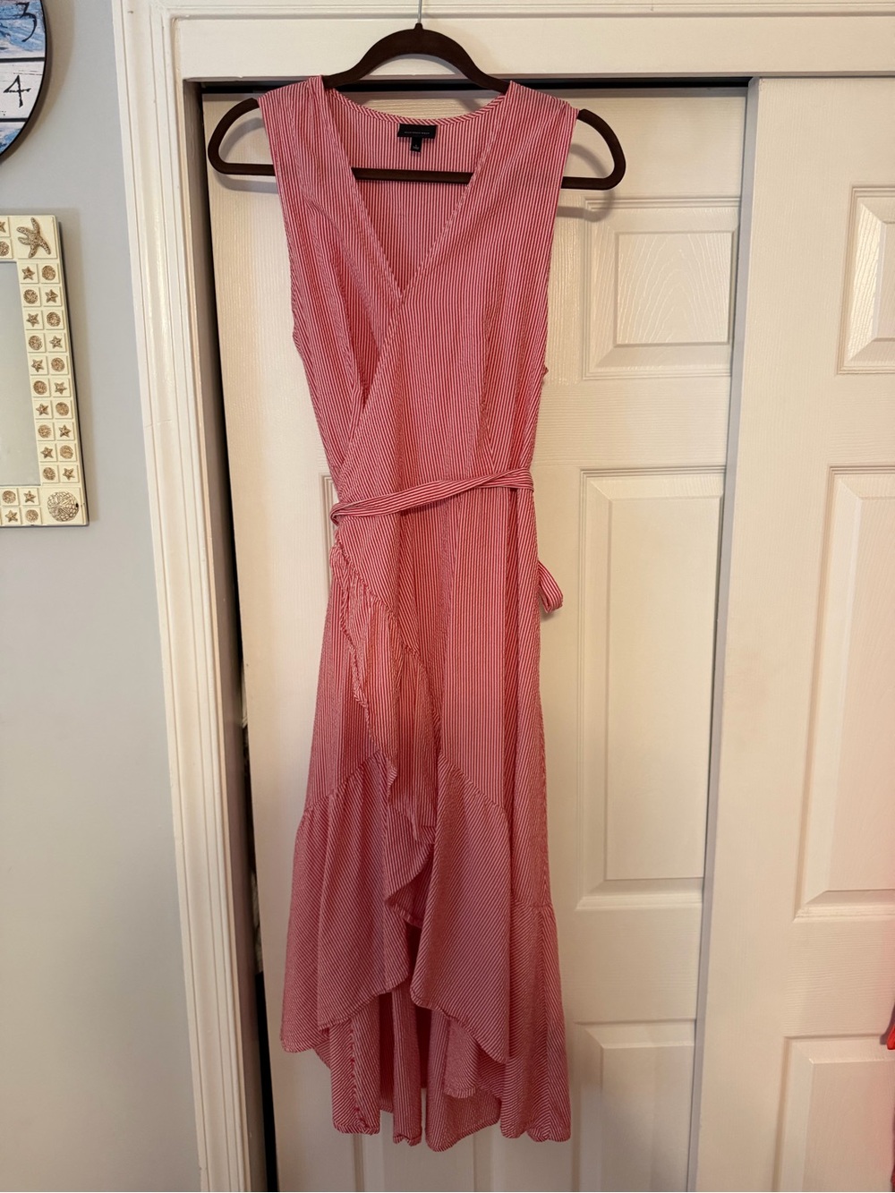 Who What Wear Pink & White Striped Sleeveless Wrap High-Low Maxi Dress